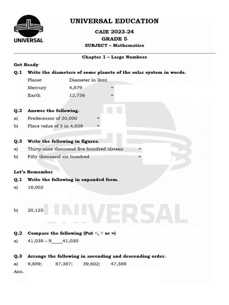 Chapter 1 - Large Numbers - Mathematics - Grade 5 - CAIE (2023 - 24 ...