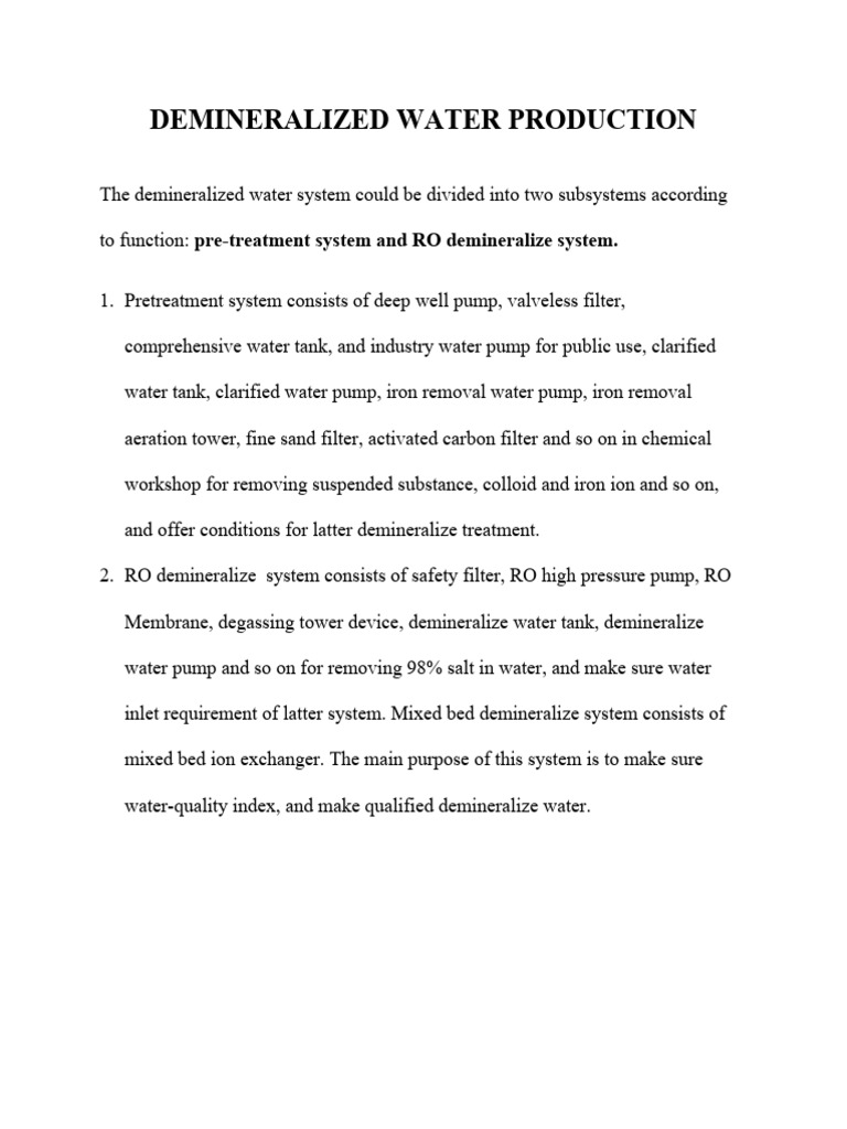 Demineralized Water Production Process | PDF | Home & Garden | Science ...