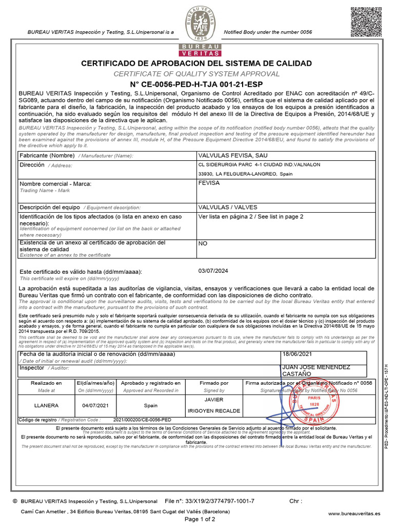 Certificado de Calidad para Válvulas FEVISA | PDF