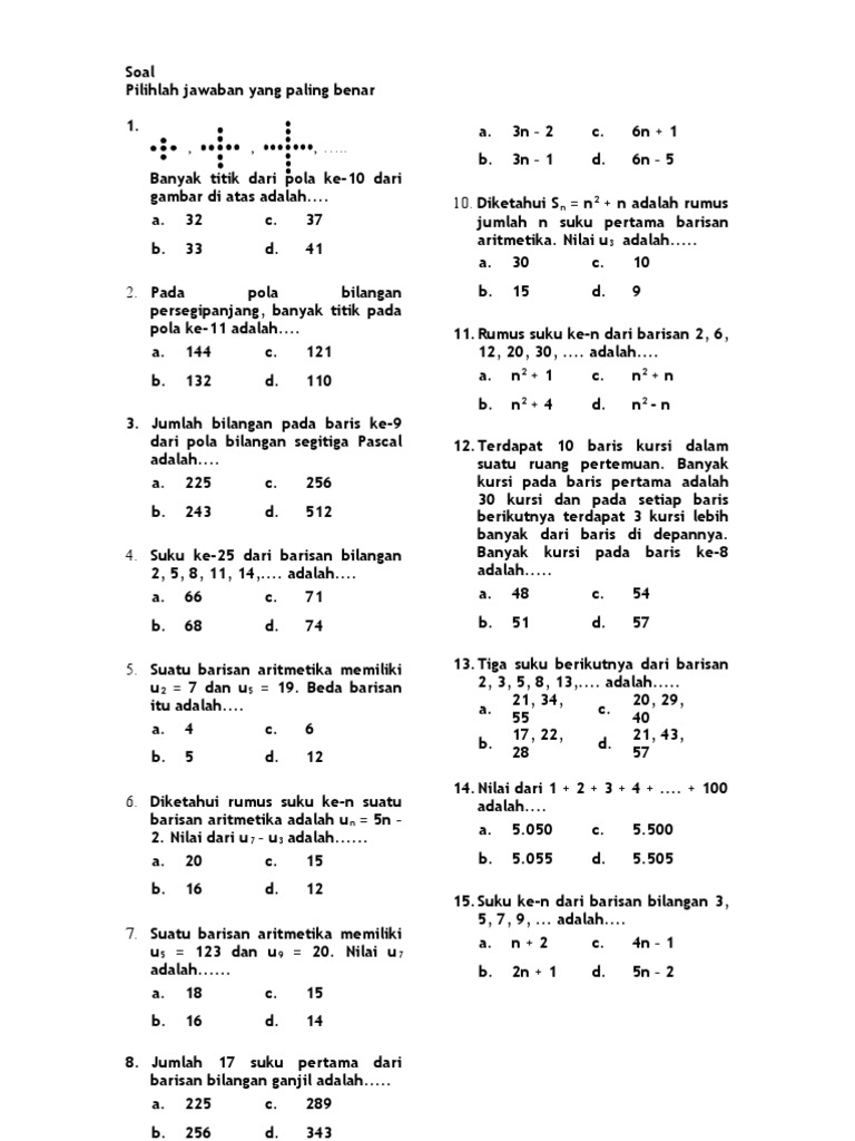 Ulangan Harian Pola Bilangan Dan Barisan Bilangan Pdf