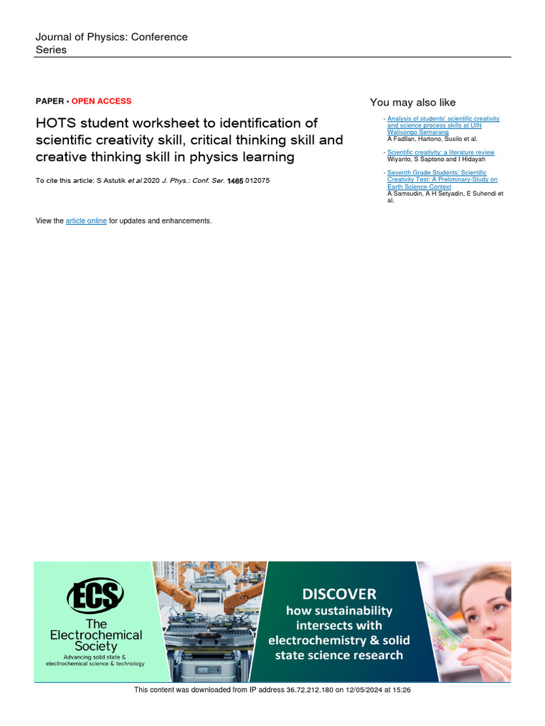 Hots student worksheet to identification of scientific creativity skill