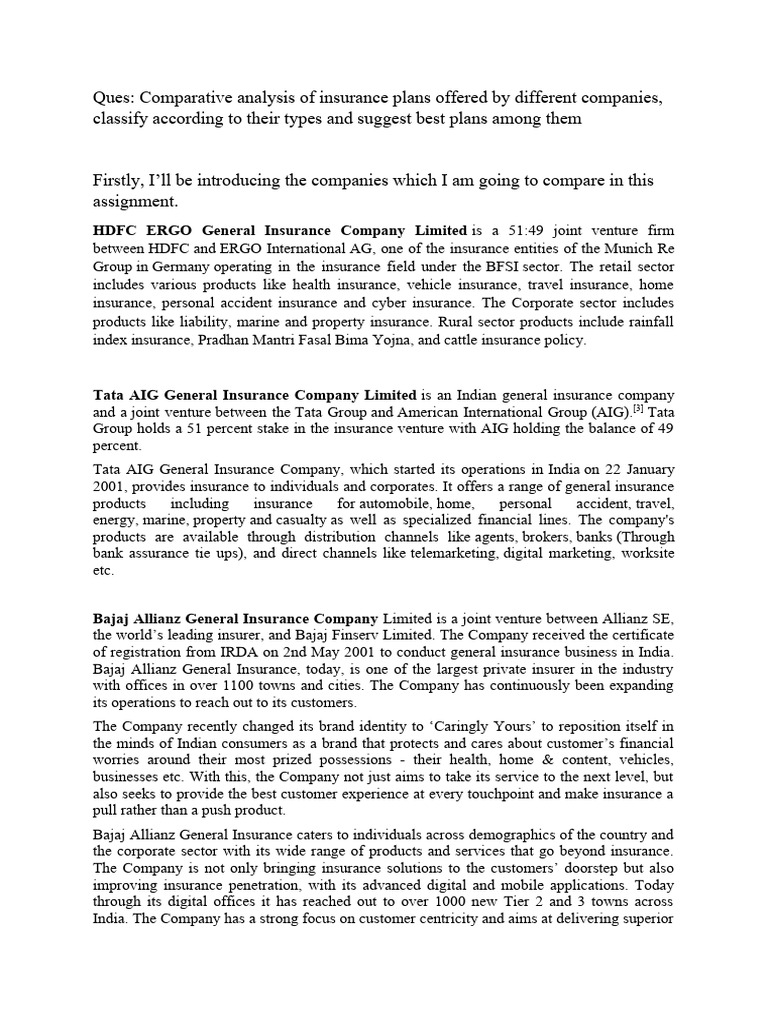 Comparative analysis of insurance plans offered by different companies