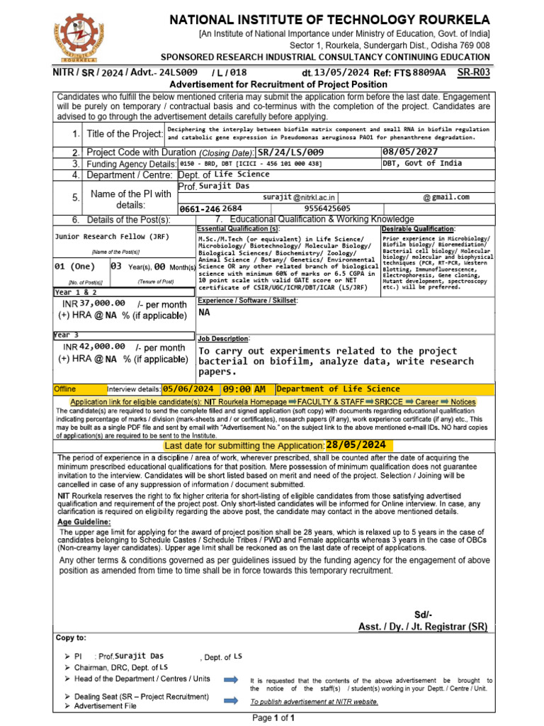 Jrf Advt Pdf Molecular Biology Biology