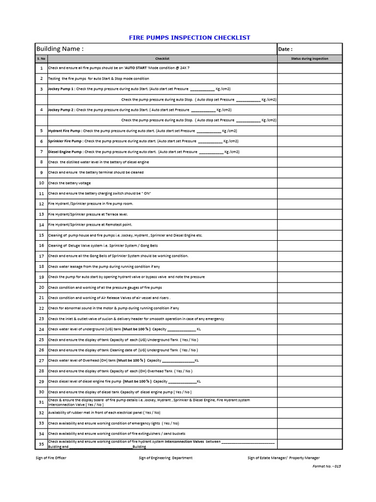 Fire Pumps Inspection Checklist | PDF | Fire Sprinkler System | Pump
