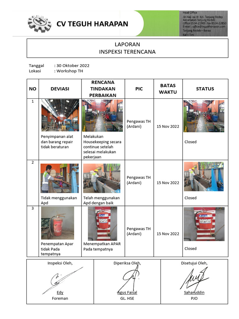 Laporan Inspeksi K3LH Workshop TH | PDF