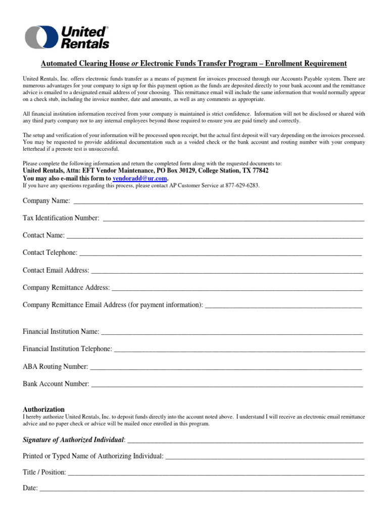 EFT Enrollment for United Rentals | PDF | Cheque | Banking