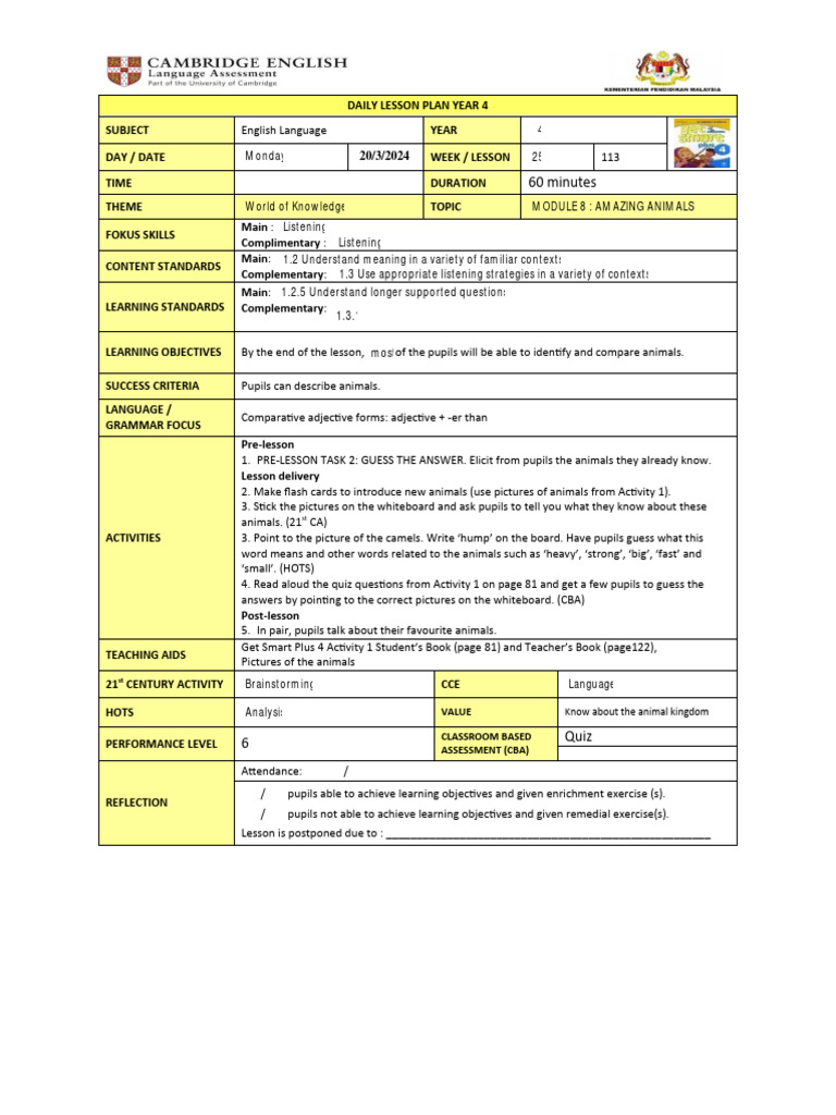 Year 4 English Lesson Plans: Animals | PDF | Lesson Plan | Teachers