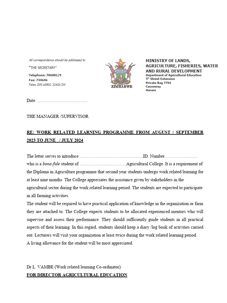 Work related learning letter pdf