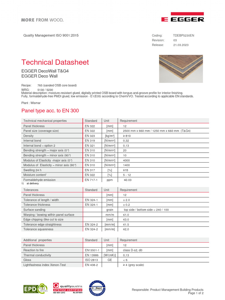 EGGER DecoWall Technical Datasheet | PDF | Materials | Applied And ...