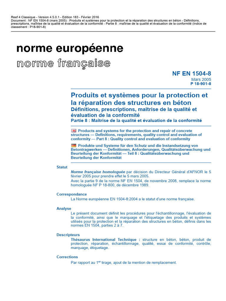 Norme NF EN 1504-8 : Qualité béton | PDF | Béton