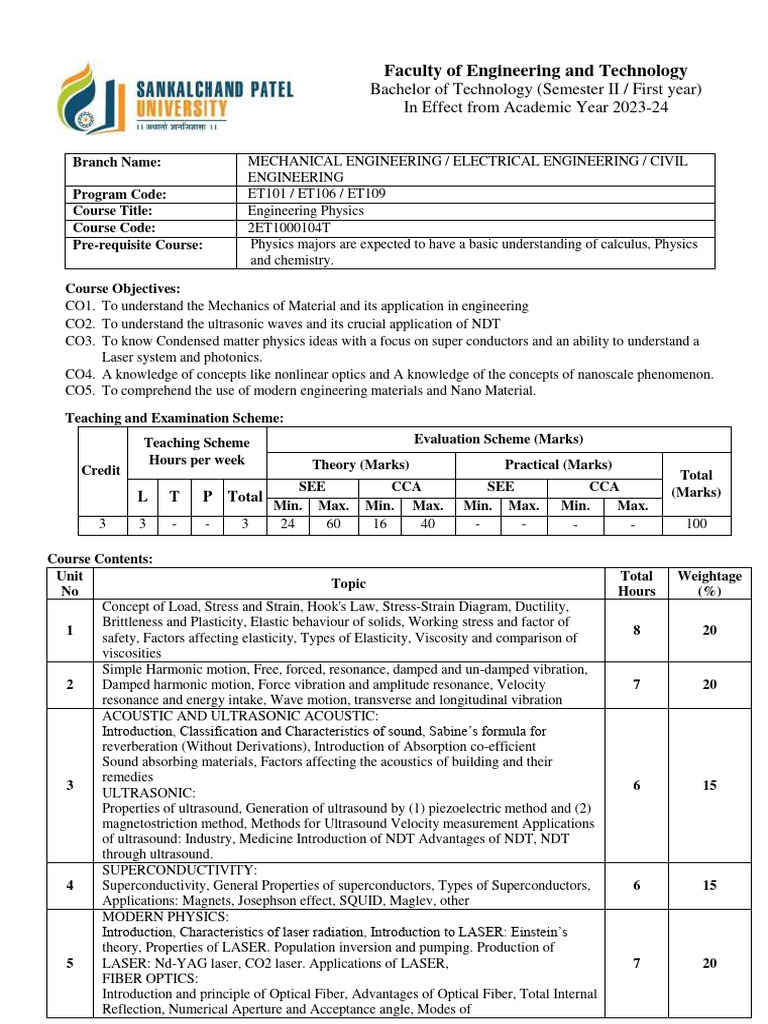 Engineering Physics Course Overview 2023 | PDF | Laser | Ultrasound