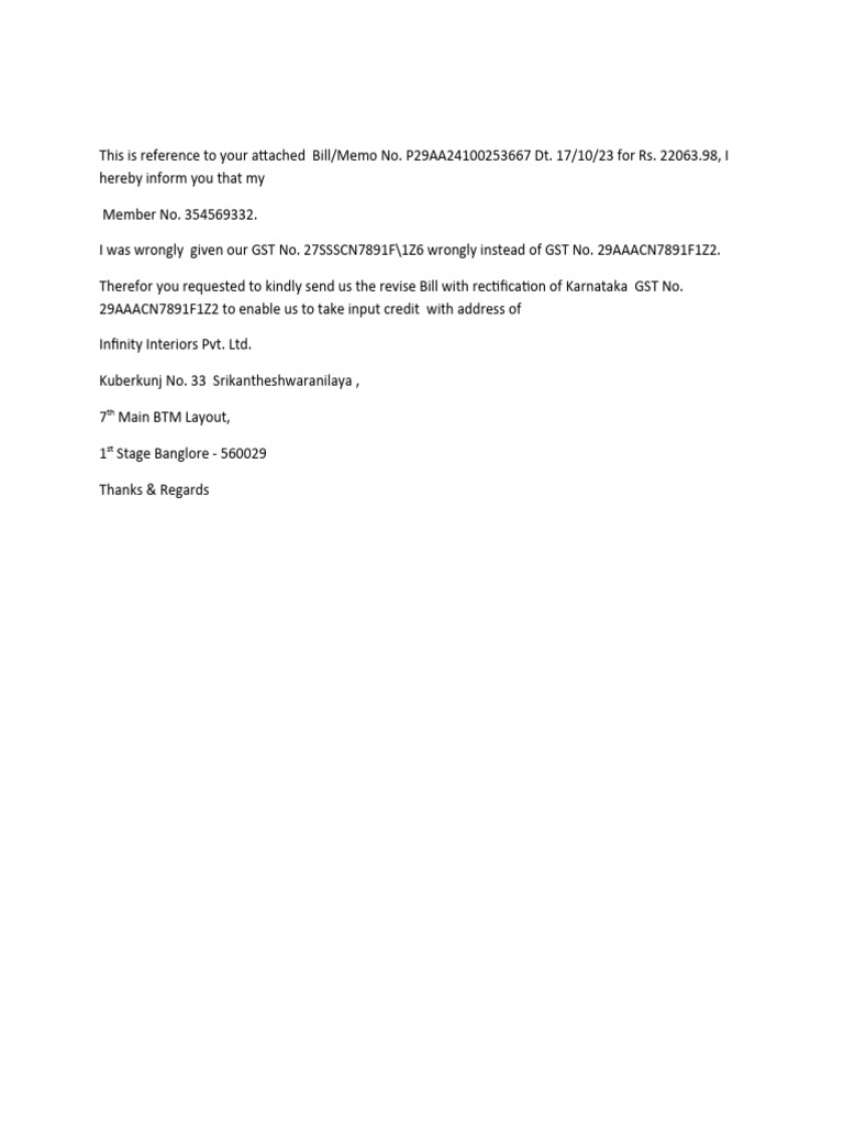 GST Correction Request for Invoice P29AA24100253667 | PDF