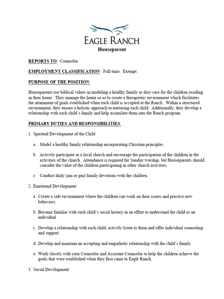 Houseparent Job Description PDF Housekeeping School Counselor