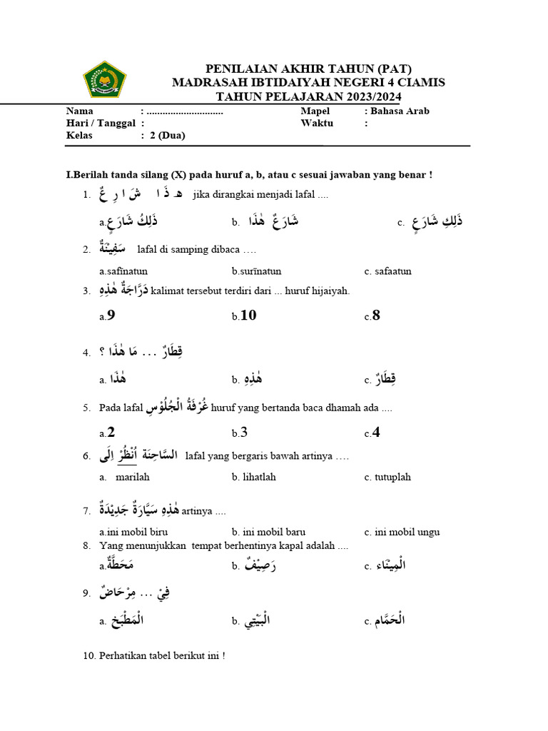 Soal PAT Bahasa Arab Kelas 2 MI | PDF