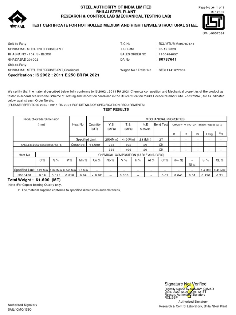 SAIL Test Certificate for IS 2062 Steel | PDF | Metals | Building ...