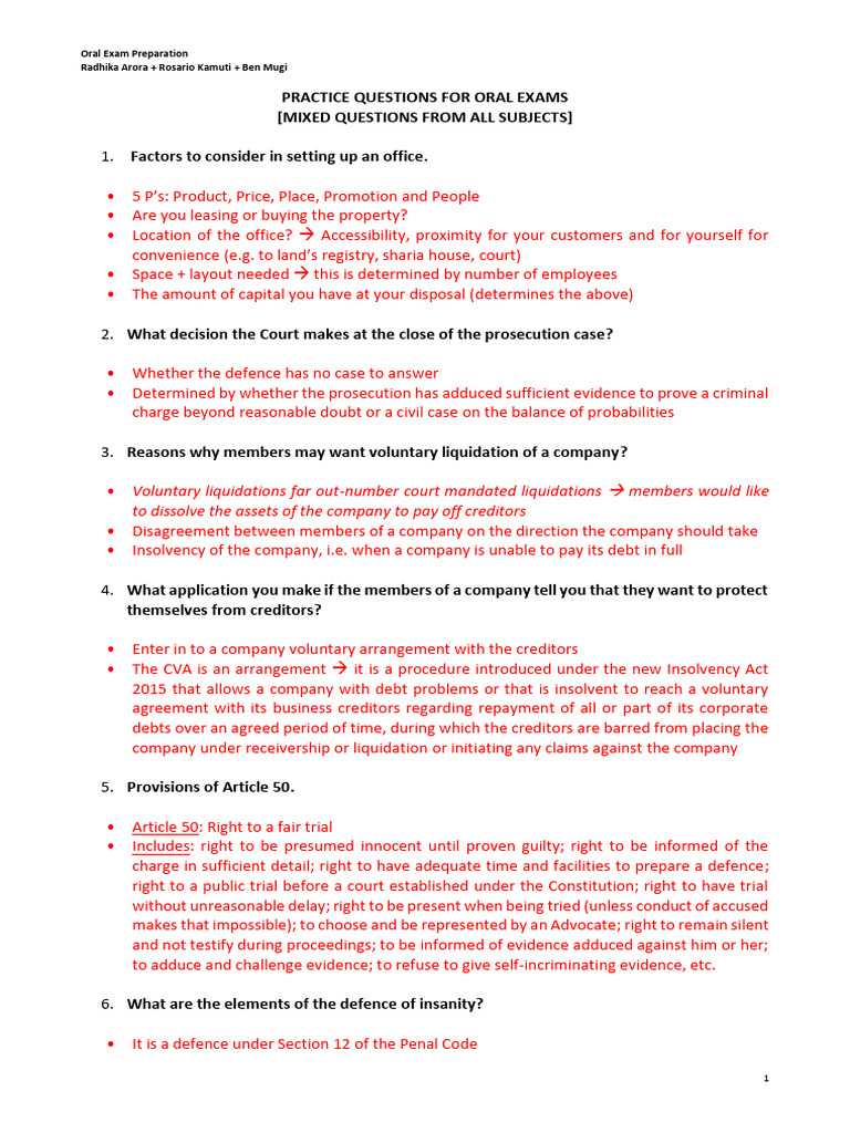 Oral Questions 20192020 | PDF | Piercing The Corporate Veil | Judgment ...