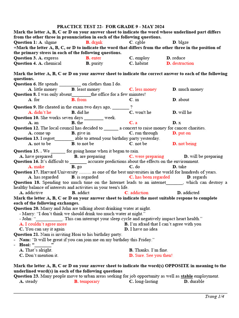 Practice Test 22 May 2024 Key 2024 | PDF | Sleep | Employment