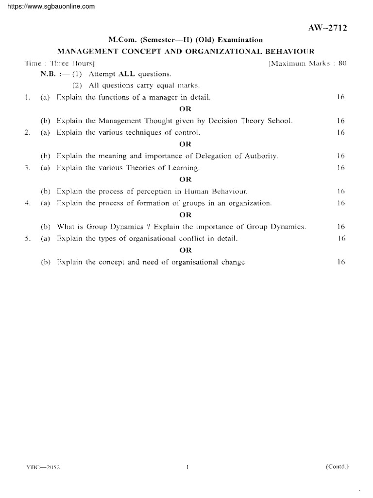 Management Concepts & Organizational Behavior Exam | PDF
