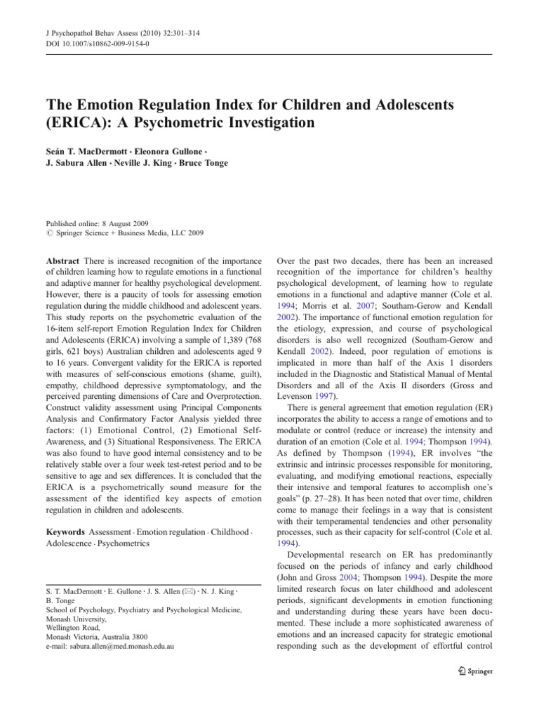 The Emotion Regulation Index For Children and Adolescents (ERICA) : A ...