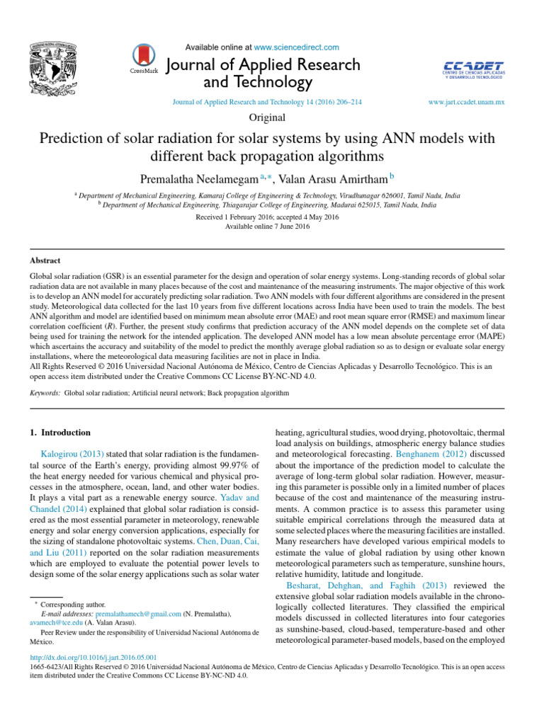 ANN Models for Solar Radiation Prediction | PDF | Artificial Neural ...