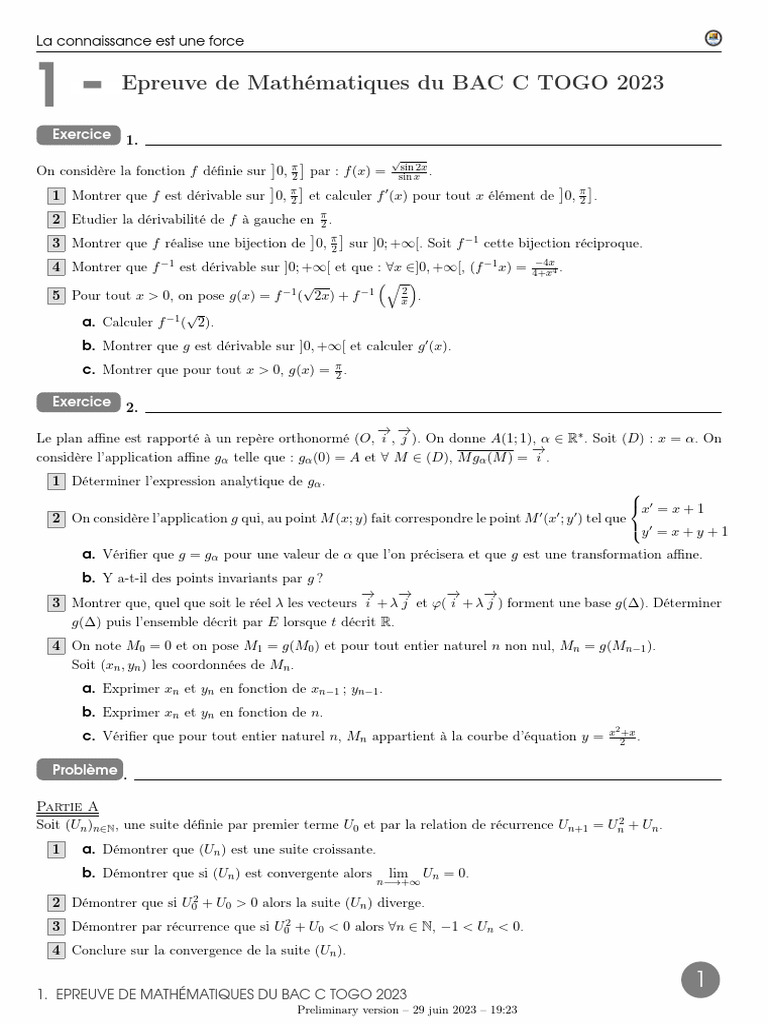 Épreuve de Maths BAC C Togo 2023 | PDF | Fonction (Mathématiques ...