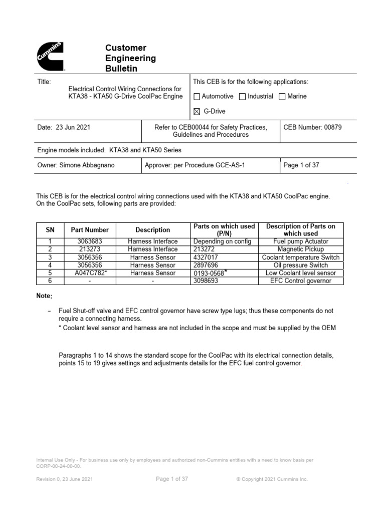 Ceb00879 electrical control wiring connections for kta38 kta50 g