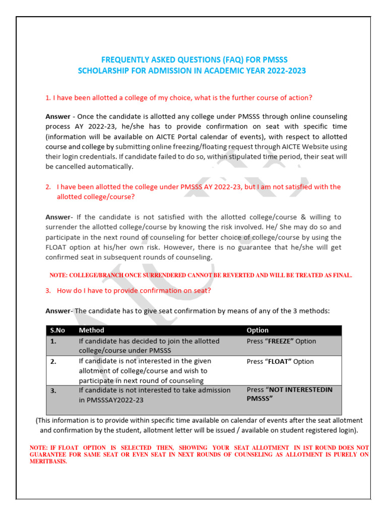 Faqs 2 For Pmsss 2022-23 | PDF | University And College Admission ...