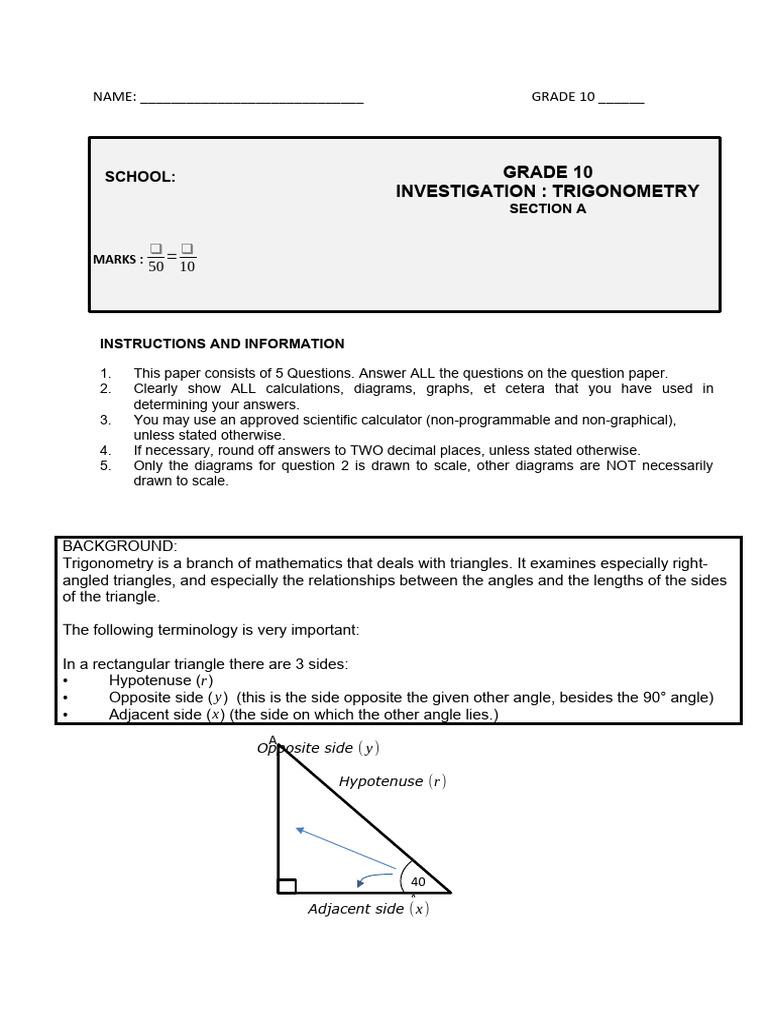 Grade 10 Trigonometry Assessment Guide | PDF | Triangle | Trigonometry