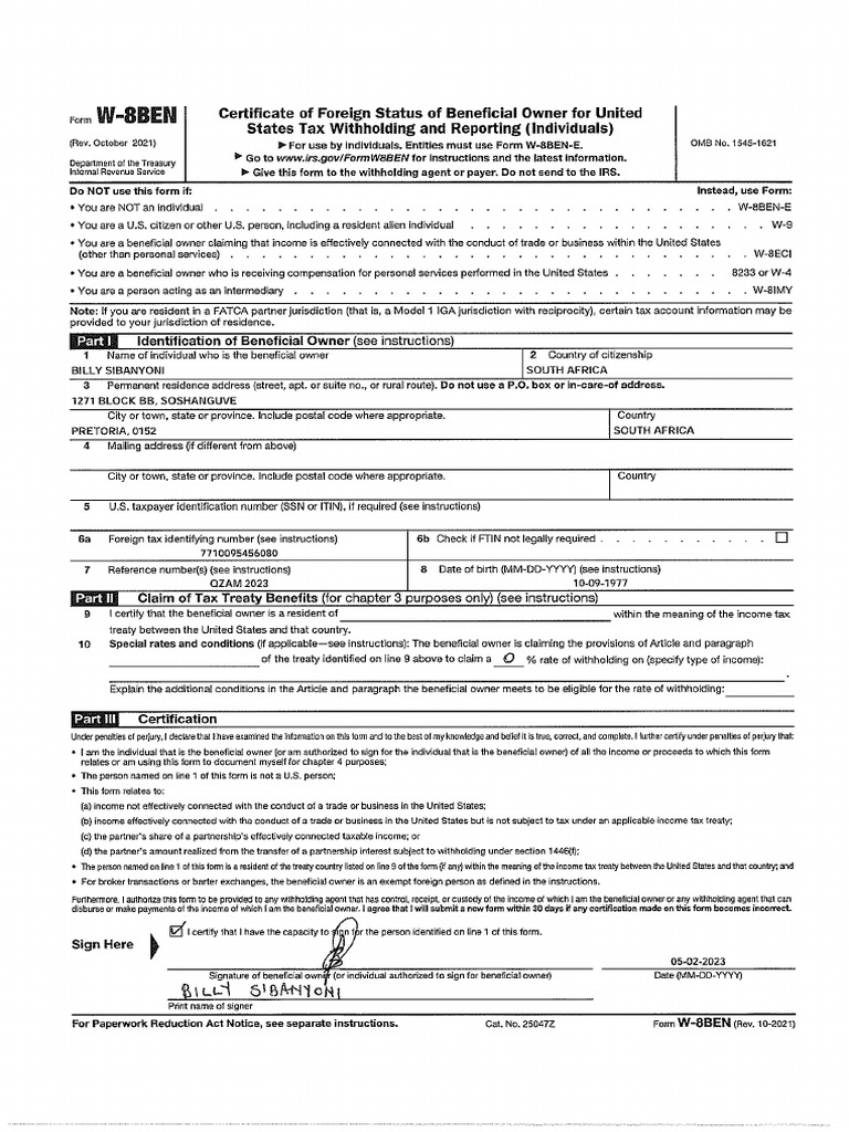 W-8BEN Form B Sibayoni | PDF