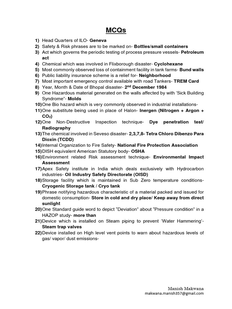 Safety and Risk Management MCQs and Definitions | PDF | Occupational ...