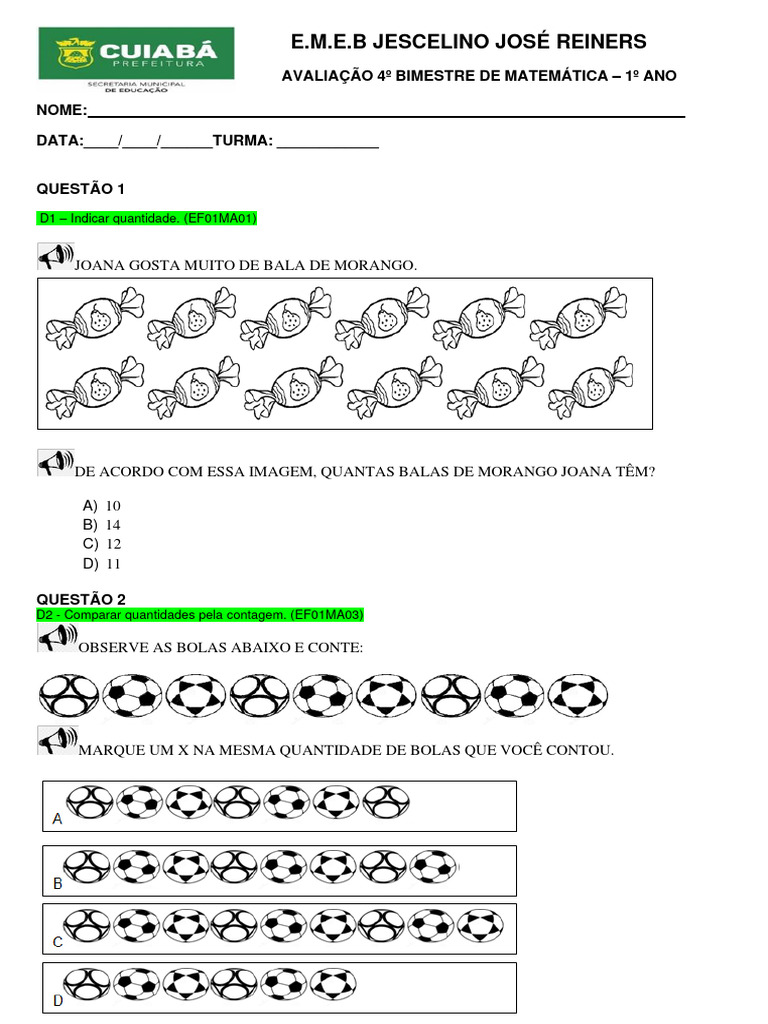 Avaliação Matemática 1º Ano - 4º Bimestre | PDF