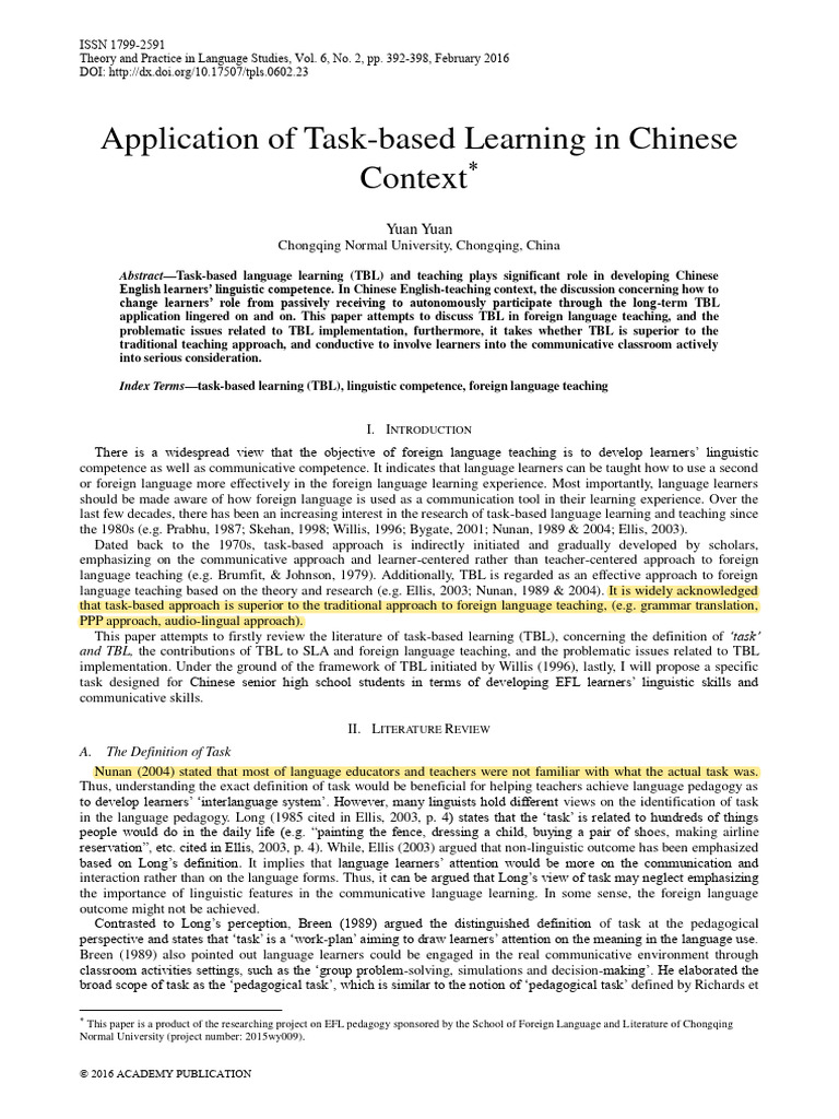 3 Application of Task-Based Learning in Chinese Context | PDF | Second ...