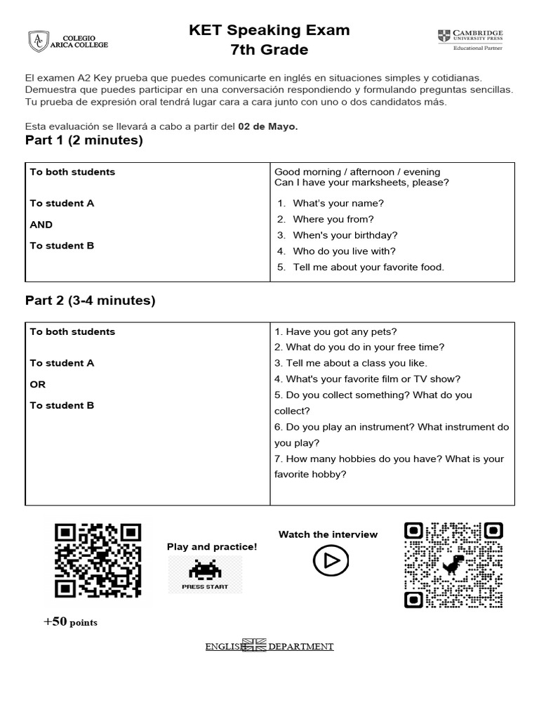 KET Speaking Exam Guide for 7th Grade | PDF | Language Arts & Discipline