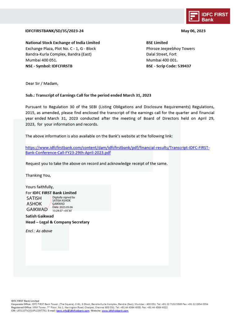 IDFC First Bank Q4 FY23 Earnings Call Summary | PDF | Banks | Income
