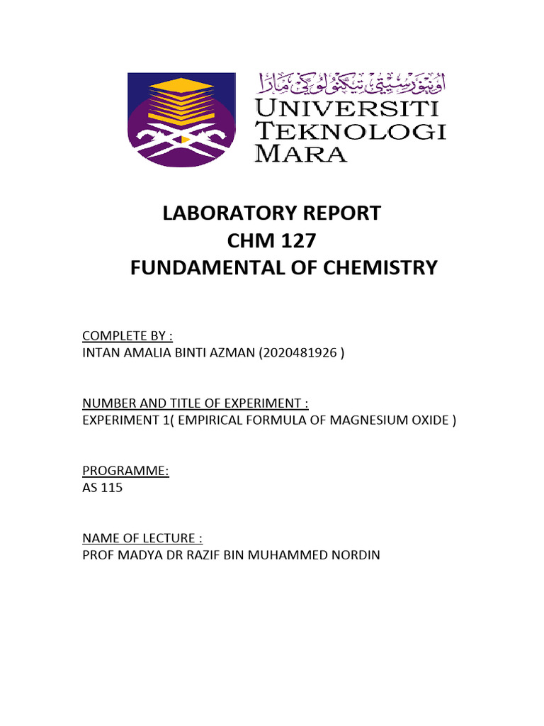 Lab Report 1 Chm 127 Pdf Magnesium Mole Unit