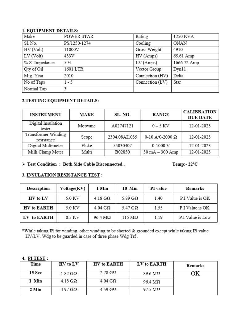 1250 KVA Transformer Test Report | PDF | Transformer | Electrical ...