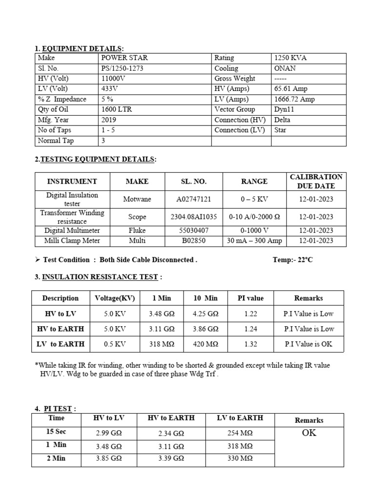 Transformer Insulation Test Report | PDF | Transformer | Physical ...