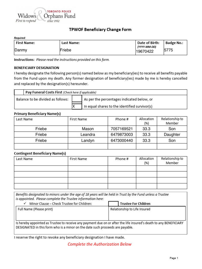 TPWOF1 Beneficiary Change Form 2023 Final | PDF | Private Law