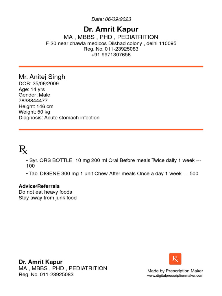 Pediatric Acute Stomach Infection Prescription | PDF | Wellness