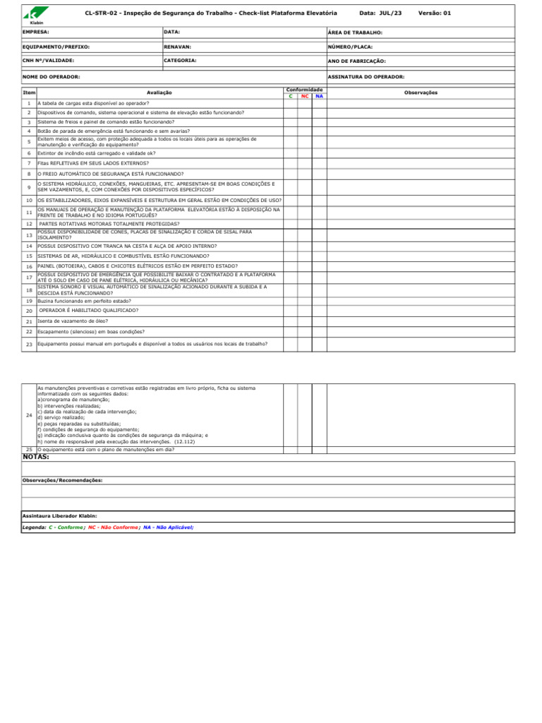 Check-list de Segurança: Plataforma Elevatória | PDF