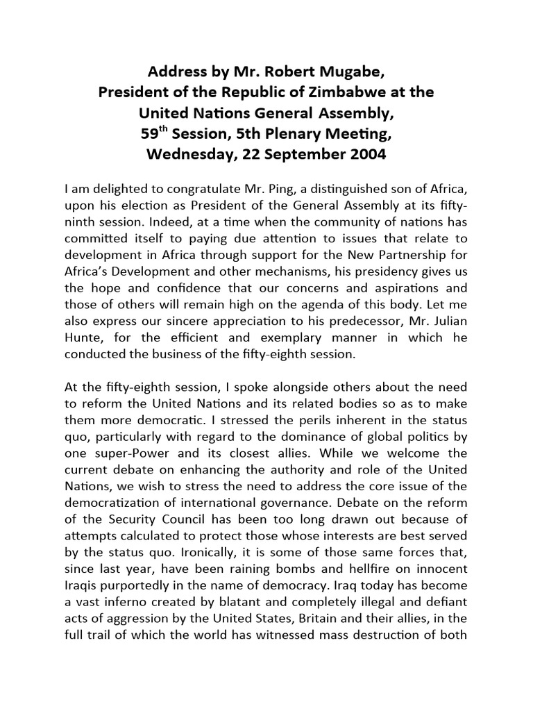 Mugabe 2004 Unga Speech Pdf United Nations International Relations