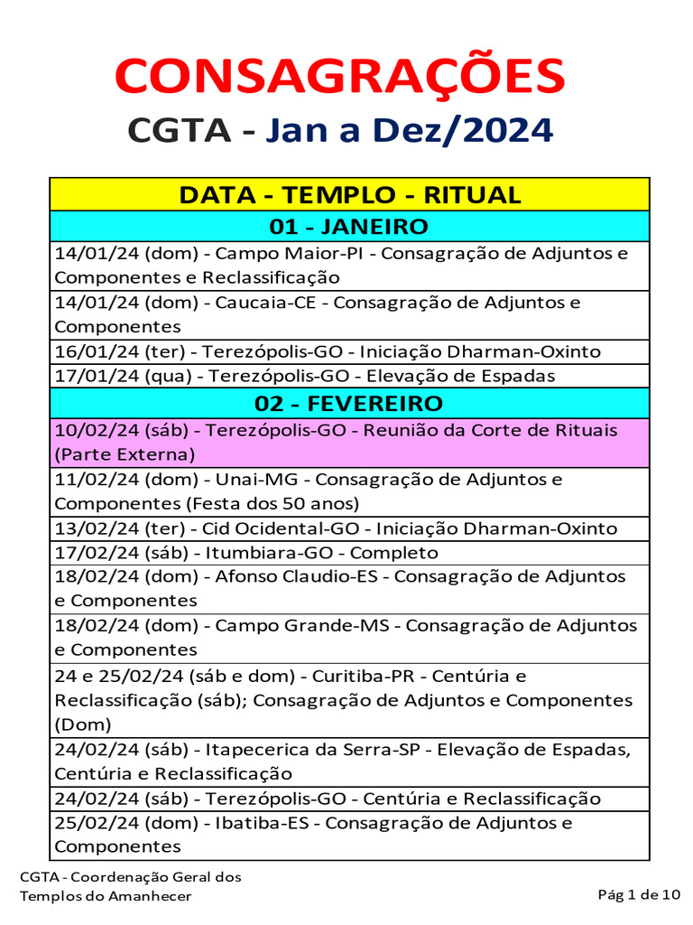 Calendário de Rituais CGTA 2024 | PDF