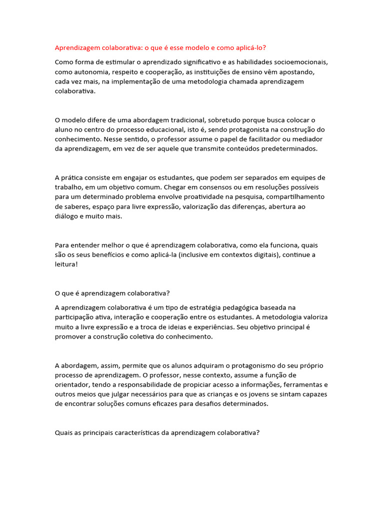 Aprendizagem Colaborativa na Educação | PDF | Aprendizado | Pedagogia