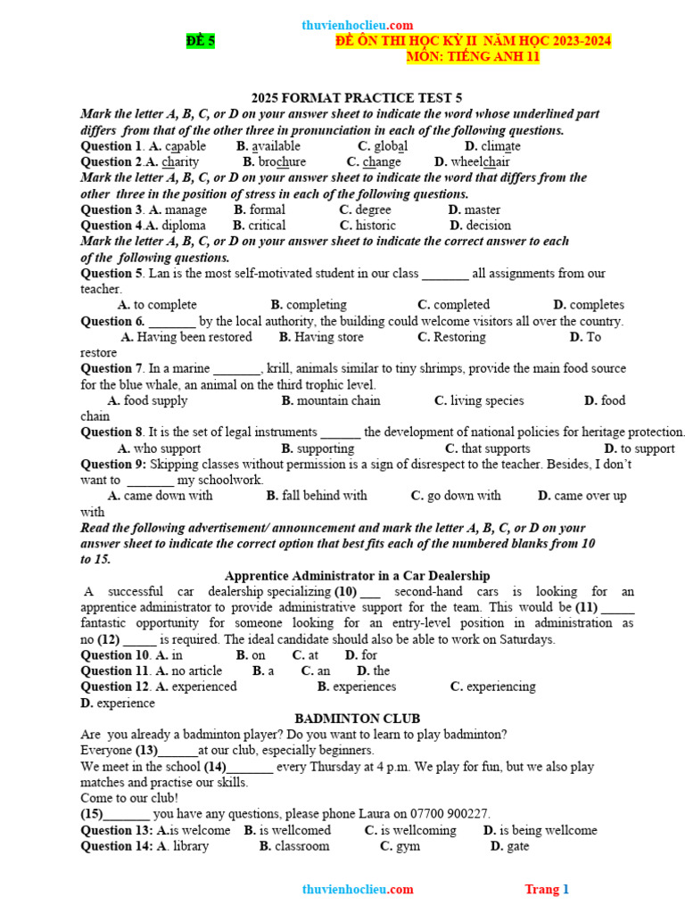 English Practice Test for Grade 11 | PDF | Cultural Heritage | Vietnam