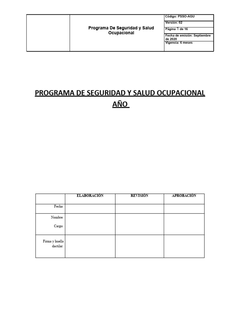 Programa de Seguridad y Salud Ocupacional | PDF | Seguridad y salud ...