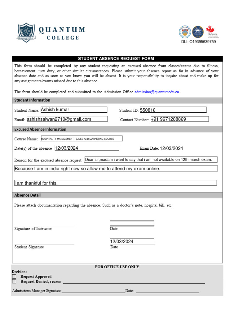 Student Absence Request Form | PDF | Career & Growth