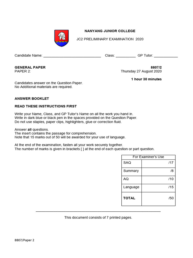JC2 General Paper Exam 2020 Guide | PDF | Question