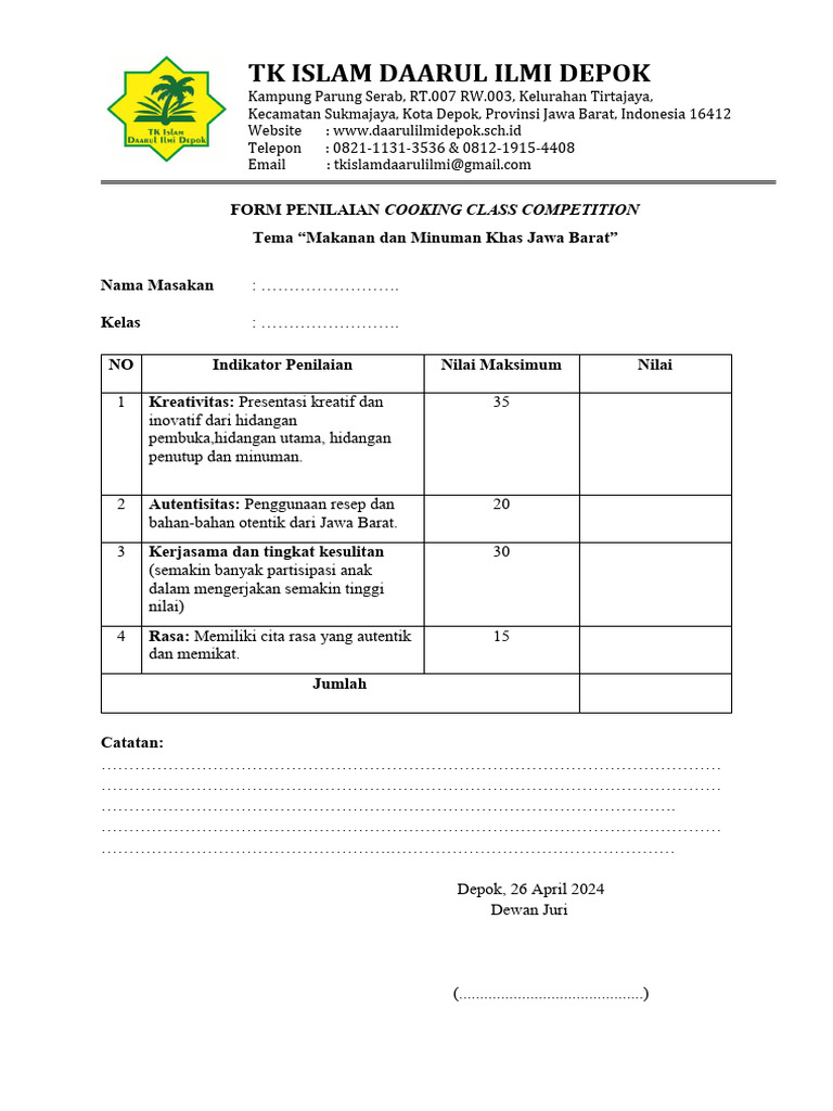 Form Penilaian Cooking Class PAUD | PDF