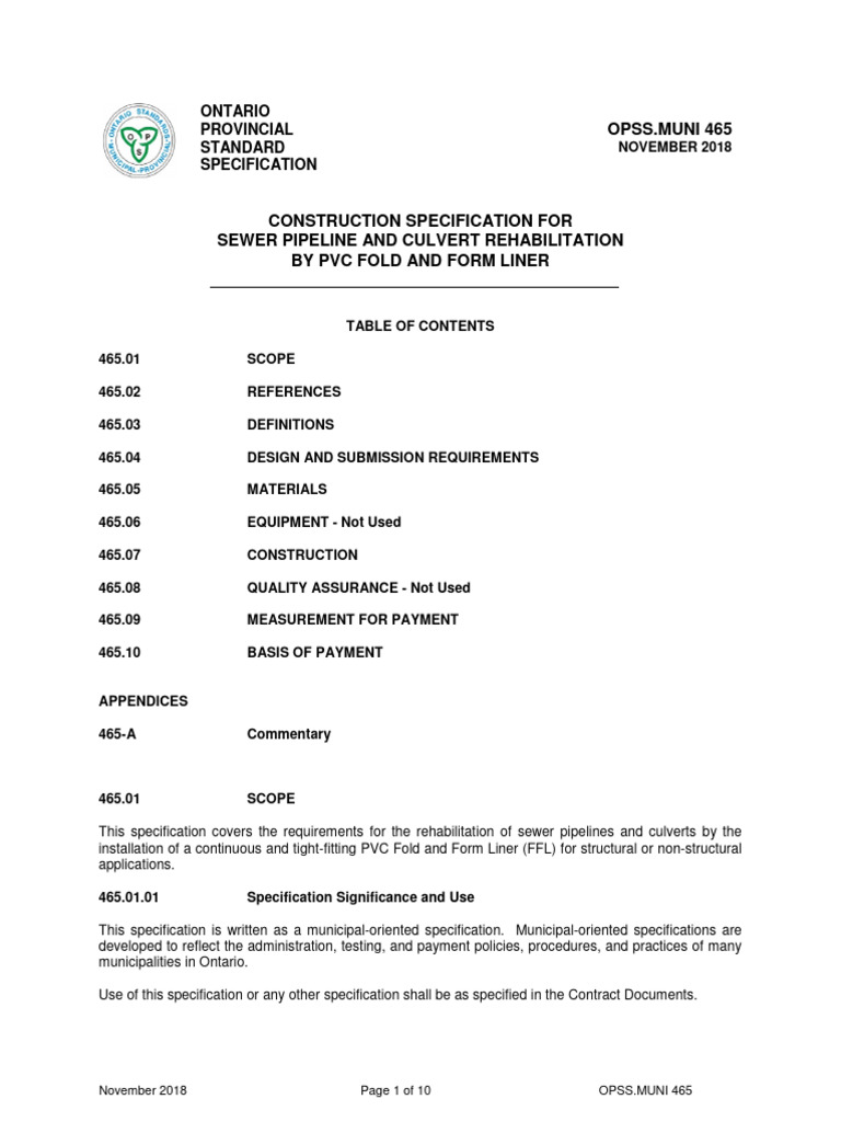 OPSS.MUNI 465: Sewer Rehab Specification | PDF | Pipe (Fluid Conveyance ...