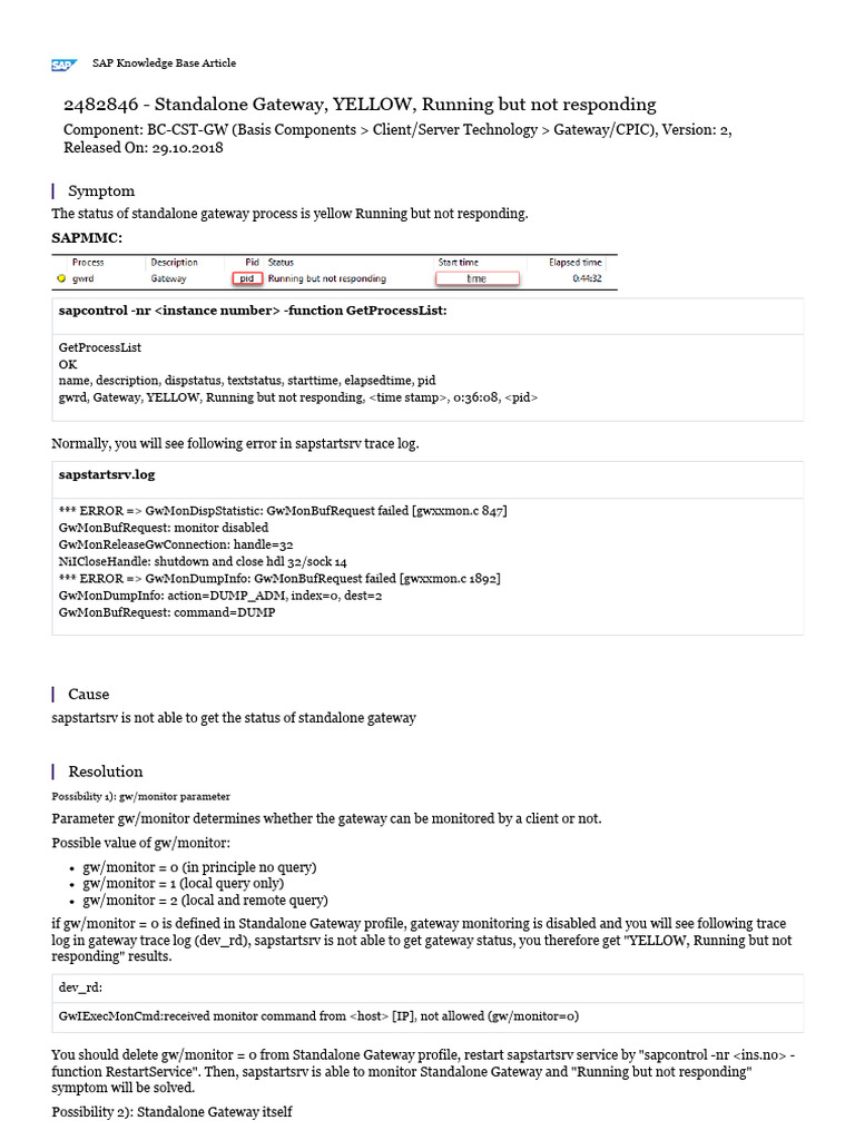 SAP Gateway Yellow Status Fix Guide | PDF | Internet Architecture ...